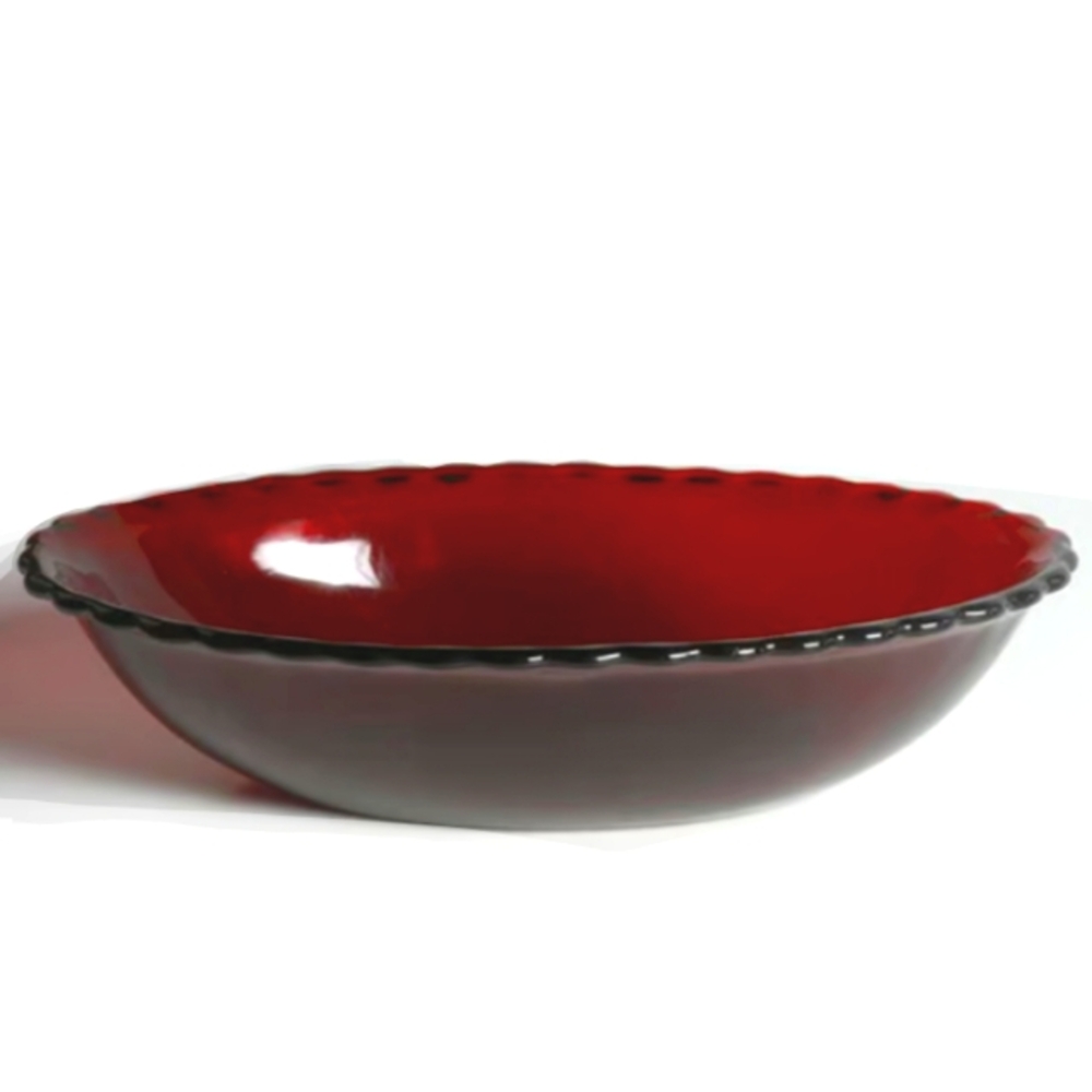 Antique 30s Scalloped Oval Bowl Serving Dish Red Glass Vintage Valentines Day